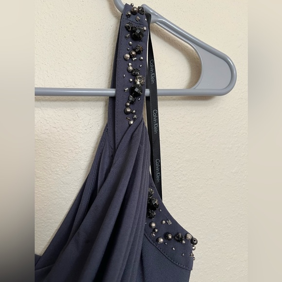Calvin Klein Dark Gray Long Gown Jeweled Draped Neck line Size 6 - Picture 4 of 7